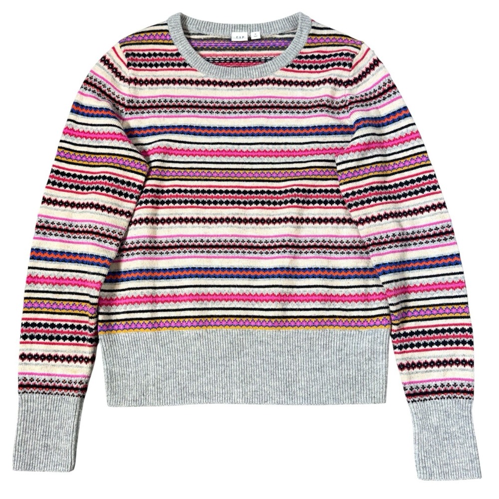 Y2K Gap Fair Isle Crew Neck Sweater Size M Multicolor Merino Wool Nordic Rainbow